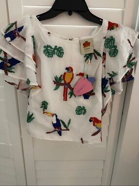 FARM Rio White Tropical Parrot Embroidered Ruffle Sleeve Blouse